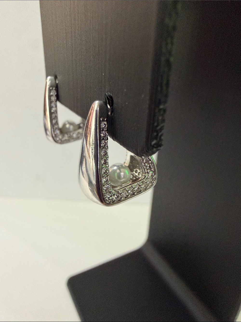 White Gold Pearl Accent Hoop Earrings with Crystal Pavé